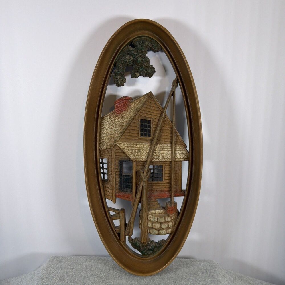 Vintage Burwood 1965 Oval Wall Plaque Cabin Well Bucket 3D Relief